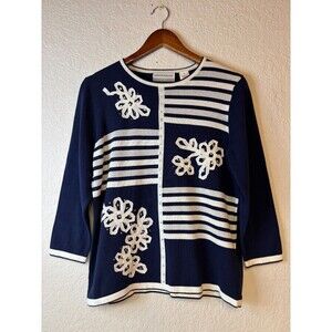 Alfred Dunner  Navy & White Sweater - Studded Striped Floral - Womens PL